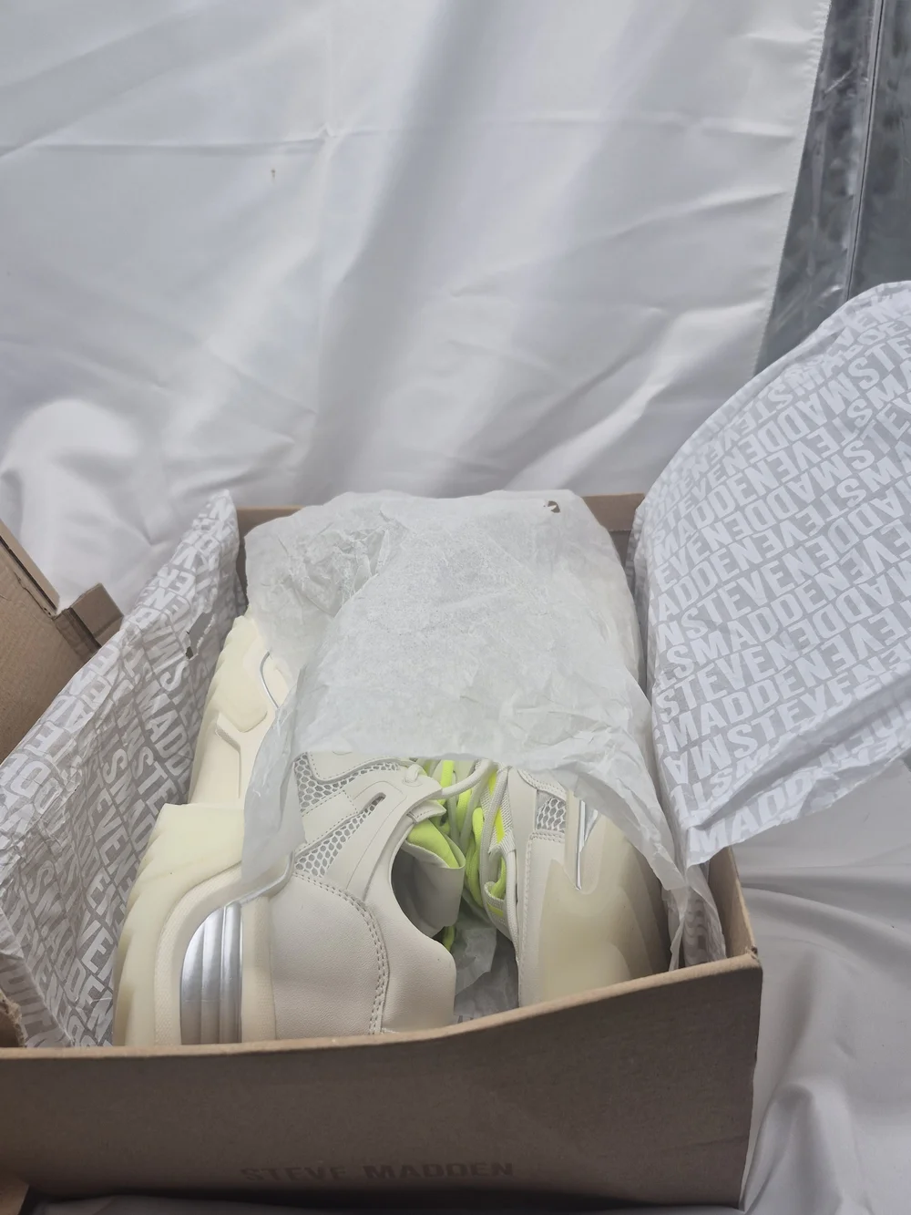Madden White Platform Sneaker with Neon Yellow Eyelet Detail